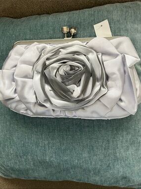 Silver Satin Rose Accent Clutch for Women